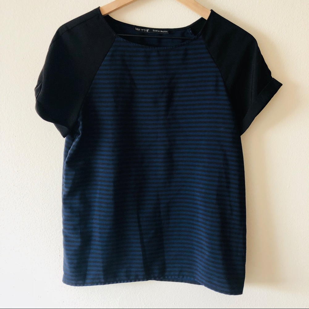 Zara Black and Navy Stripe Career Top